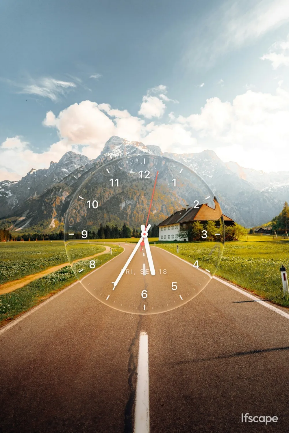 A transparent glass analog clock standing over a mountain road, with the road, a farmhouse and the mountains visible through the clock face.