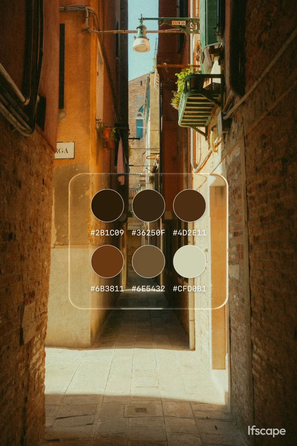 A narrow sunlit alley in Venice with a glass palette card showing six colors taken from the scene and their hex codes.